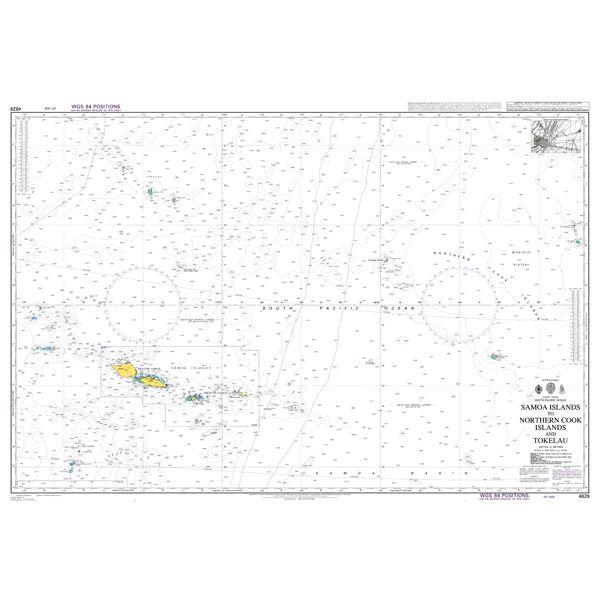 Product image of Admiralty Chart 4629 | Samoa Islands to Northern Cook Islands and Tokelau, featuring navigational markings, depth soundings, and coastal features, essential for safe marine navigation. It could be displayed as an art piece or used for navigation on a boat or ship.