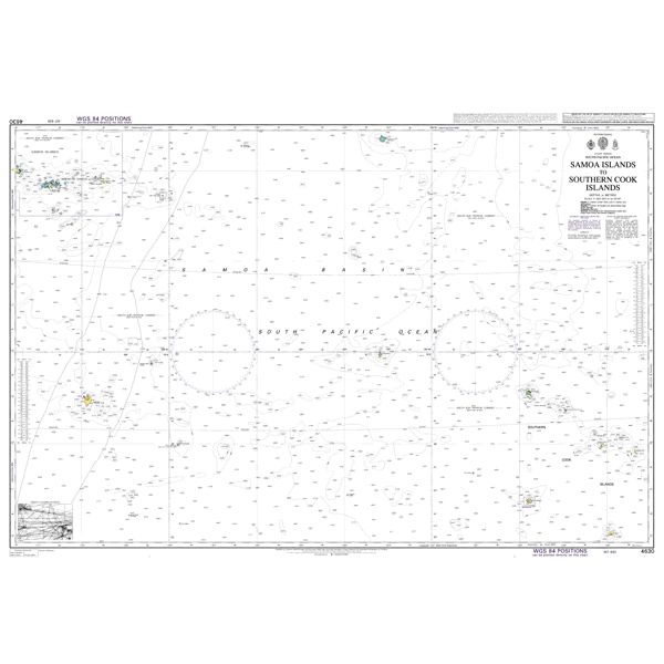 Product image of Admiralty Chart 4630 | Samoa Islands to Southern Cook Islands, featuring navigational markings, depth soundings, and coastal features, essential for safe marine navigation. It could be displayed as an art piece or used for navigation on a boat or ship.