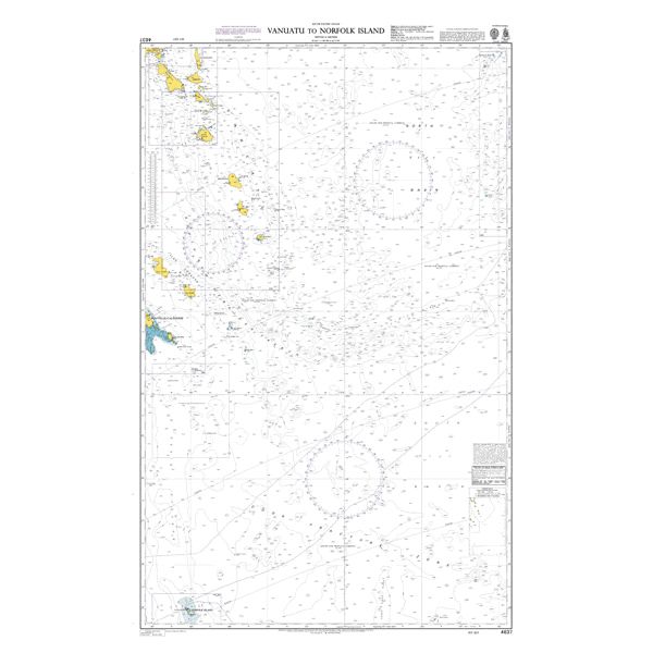 Product image of Admiralty Chart 4637 | Vanuatu to Norfolk Island, featuring navigational markings, depth soundings, and coastal features, essential for safe marine navigation. It could be displayed as an art piece or used for navigation on a boat or ship.