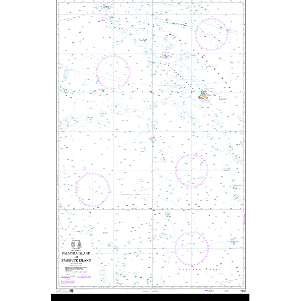 Product image of Admiralty Chart 4652 | Palmyra Island to Starbuck Island, featuring navigational markings, depth soundings, and coastal features, essential for safe marine navigation. It could be displayed as an art piece or used for navigation on a boat or ship.