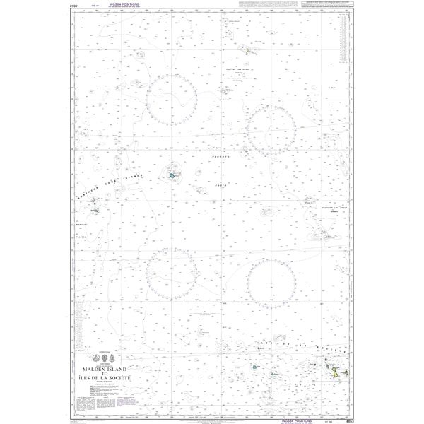 Product image of Admiralty Chart 4653 | Malden Island to Iles de la Societe, featuring navigational markings, depth soundings, and coastal features, essential for safe marine navigation. It could be displayed as an art piece or used for navigation on a boat or ship.