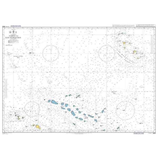 Product image of Admiralty Chart 4654 | Tahiti to Iles Marquises, featuring navigational markings, depth soundings, and coastal features, essential for safe marine navigation. It could be displayed as an art piece or used for navigation on a boat or ship.