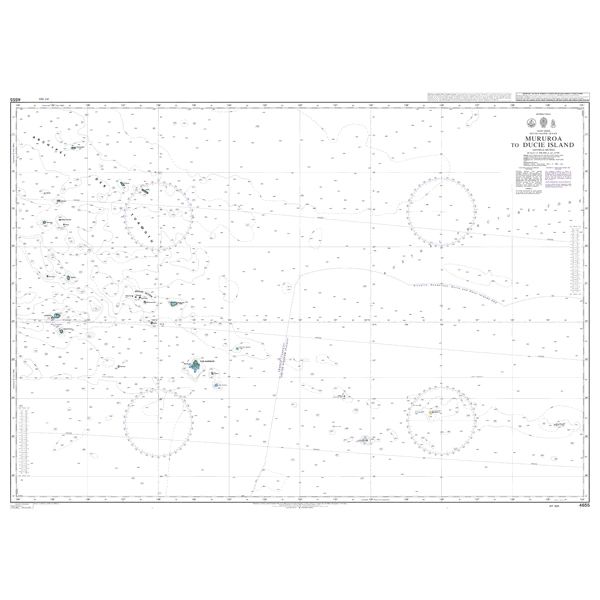 Product image of Admiralty Chart 4655 | Mururoa to Ducie Island, featuring navigational markings, depth soundings, and coastal features, essential for safe marine navigation. It could be displayed as an art piece or used for navigation on a boat or ship.