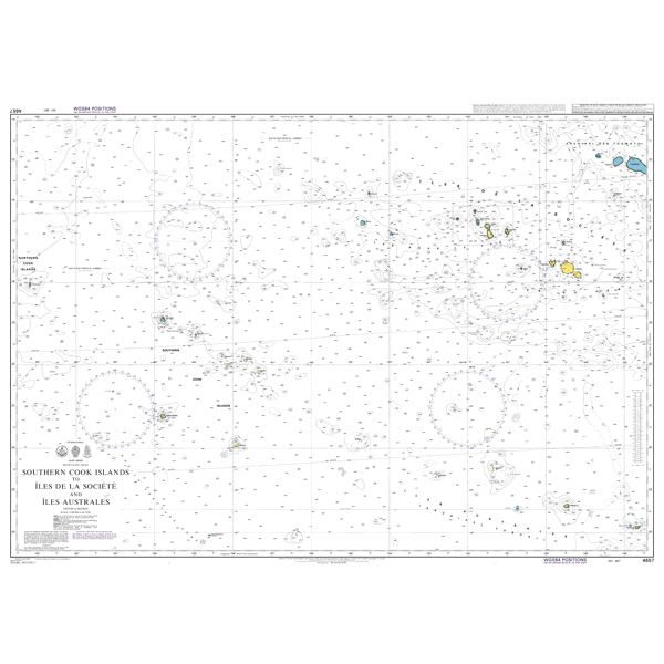 Product image of Admiralty Chart 4657 | Southern Cook Islands to Iles de la Societe and Iles Australes, featuring navigational markings, depth soundings, and coastal features, essential for safe marine navigation. It could be displayed as an art piece or used for navigation on a boat or ship.