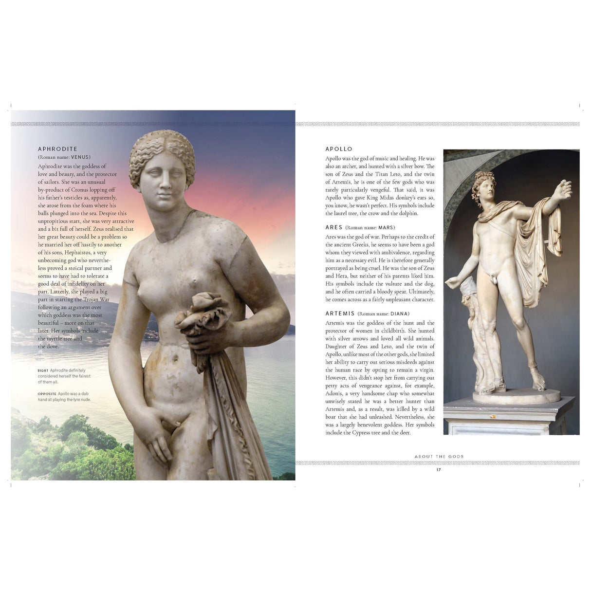 In "In the Wake of the Gods" by Adlard Coles, two pages captivate readers with vivid imagery and narrative. The left page highlights a statue of Aphrodite accompanied by detailed descriptive text, while the right presents Apollo's statue. Together with a scenic coastline and sky, these elements evoke a mythical journey through Greek waters, enticing readers to delve into the enchanting world of Greek mythology.