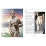 In "In the Wake of the Gods" by Adlard Coles, two pages captivate readers with vivid imagery and narrative. The left page highlights a statue of Aphrodite accompanied by detailed descriptive text, while the right presents Apollo's statue. Together with a scenic coastline and sky, these elements evoke a mythical journey through Greek waters, enticing readers to delve into the enchanting world of Greek mythology.