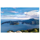 A sweeping view of coastal landscapes, dotted with lush green islands bathed in the cerulean waters of Greece. The horizon blends seamlessly into a clear sky, while white text graces parts of the image with a description and a quote from "In the Wake of the Gods" by Adlard Coles, inviting you to embark on an epic journey through history.