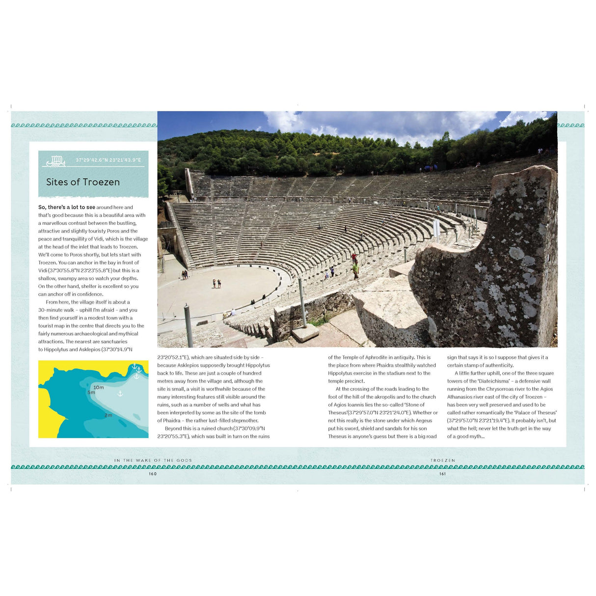 A travel magazine spread showcases the ancient amphitheater of Troezen, nestled amid lush green hills. The left page features text about Troezen's historical sites and includes a map from Adlard Coles' "In the Wake of the Gods" for a mythical sailing journey. The right page continues the narrative alongside the image of the amphitheater.