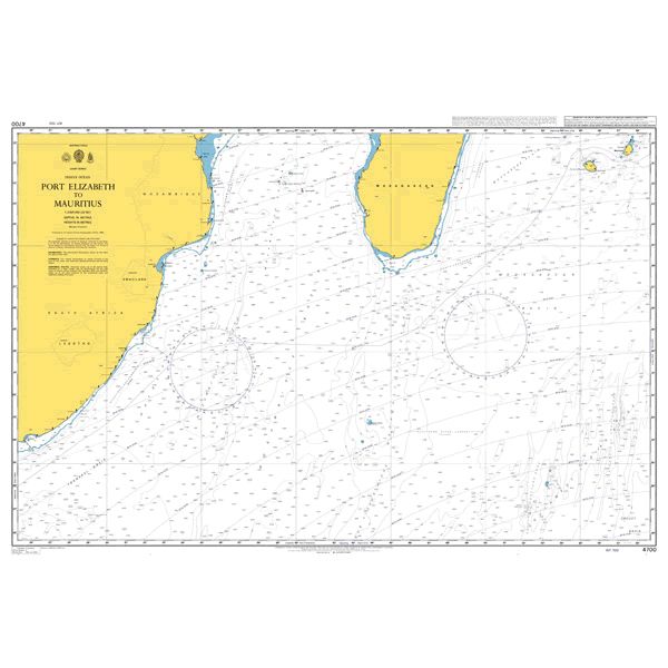 Product image of Admiralty Chart 4700 | Port Elizabeth to Mauritius, featuring navigational markings, depth soundings, and coastal features, essential for safe marine navigation. It could be displayed as an art piece or used for navigation on a boat or ship.