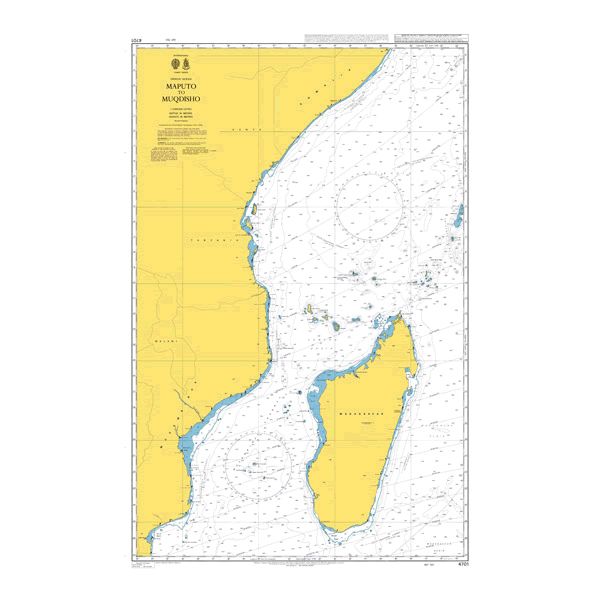 Product image of Admiralty Chart 4701 | Maputo to Muqdisho, featuring navigational markings, depth soundings, and coastal features, essential for safe marine navigation. It could be displayed as an art piece or used for navigation on a boat or ship.