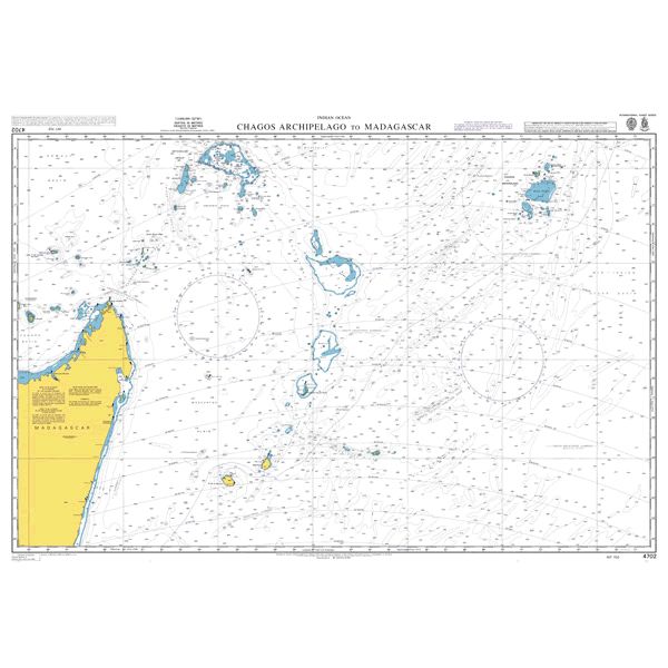 Product image of Admiralty Chart 4702 | Chagos Archipelago to Madagascar, featuring navigational markings, depth soundings, and coastal features, essential for safe marine navigation. It could be displayed as an art piece or used for navigation on a boat or ship.