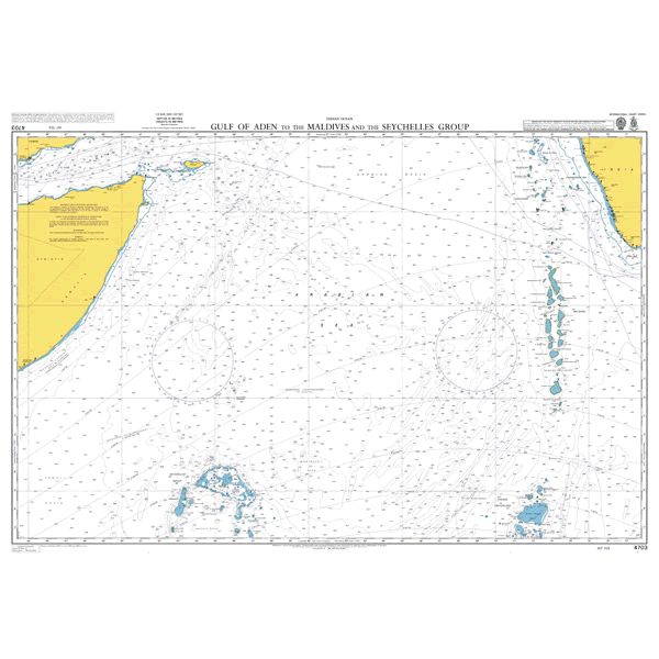 Product image of Admiralty Chart 4703 | Gulf of Aden to the Maldives and the Seychelles Group, featuring navigational markings, depth soundings, and coastal features, essential for safe marine navigation. It could be displayed as an art piece or used for navigation on a boat or ship.