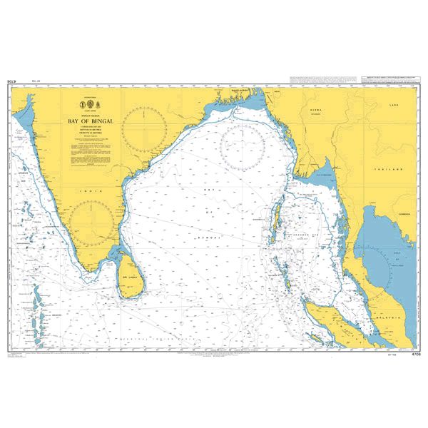 Product image of Admiralty Chart 4706 | Bay of Bengal, featuring navigational markings, depth soundings, and coastal features, essential for safe marine navigation. It could be displayed as an art piece or used for navigation on a boat or ship.