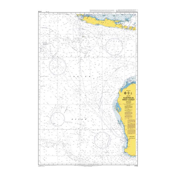 Product image of Admiralty Chart 4708 | Australia West Coast, featuring navigational markings, depth soundings, and coastal features, essential for safe marine navigation. It could be displayed as an art piece or used for navigation on a boat or ship.