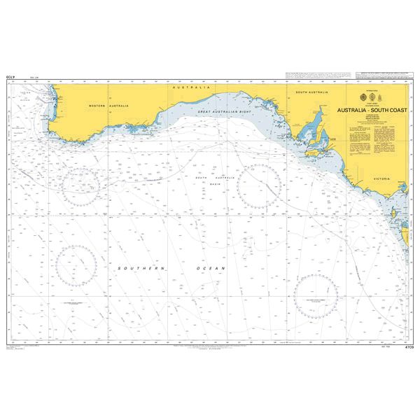 Product image of Admiralty Chart 4709 | Australia - South Coast, featuring navigational markings, depth soundings, and coastal features, essential for safe marine navigation. It could be displayed as an art piece or used for navigation on a boat or ship.