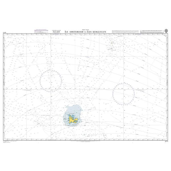 Product image of Admiralty Chart 4711 | Ile Amsterdam to Iles Kerguelen, featuring navigational markings, depth soundings, and coastal features, essential for safe marine navigation. It could be displayed as an art piece or used for navigation on a boat or ship.