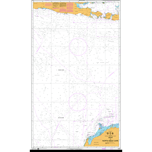 Product image of Admiralty Chart 4723 | Java to North West Cape, featuring navigational markings, depth soundings, and coastal features, essential for safe marine navigation. It could be displayed as an art piece or used for navigation on a boat or ship.