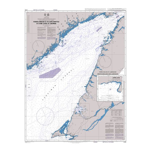 Product image of Admiralty Chart 4731 | Pointe Amour a / To Cape Whittle et / and Cape St George, featuring navigational markings, depth soundings, and coastal features, essential for safe marine navigation. It could be displayed as an art piece or used for navigation on a boat or ship.