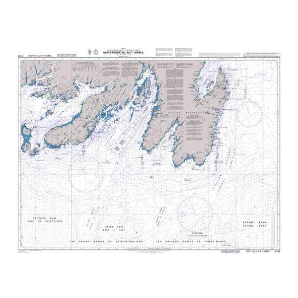 Product image of Admiralty Chart 4734 | Saint-Pierre To/A St John's, featuring navigational markings, depth soundings, and coastal features, essential for safe marine navigation. It could be displayed as an art piece or used for navigation on a boat or ship.