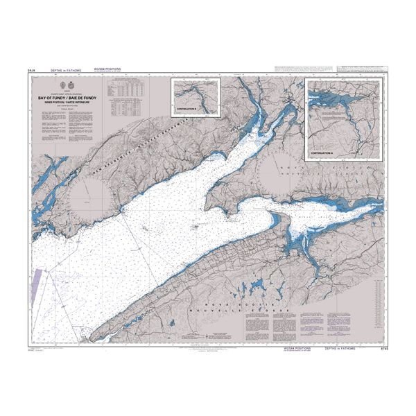 Product image of Admiralty Chart 4745 | Bay of Fundy inner portion / Baie de Fundy partie interieure, featuring navigational markings, depth soundings, and coastal features, essential for safe marine navigation. It could be displayed as an art piece or used for navigation on a boat or ship.