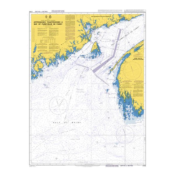 Product image of Admiralty Chart 4746 | Approaches to/Approches a Bay of Fundy/Baie de Fundy, featuring navigational markings, depth soundings, and coastal features, essential for safe marine navigation. It could be displayed as an art piece or used for navigation on a boat or ship.