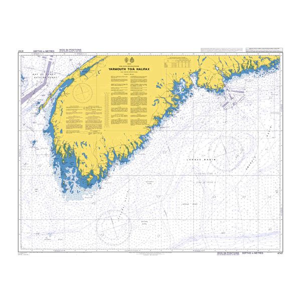 Product image of Admiralty Chart 4747 | Yarmouth to/a Halifax, featuring navigational markings, depth soundings, and coastal features, essential for safe marine navigation. It could be displayed as an art piece or used for navigation on a boat or ship.