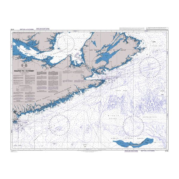 Product image of Admiralty Chart 4748 | Halifax to/a Sydney, featuring navigational markings, depth soundings, and coastal features, essential for safe marine navigation. It could be displayed as an art piece or used for navigation on a boat or ship.