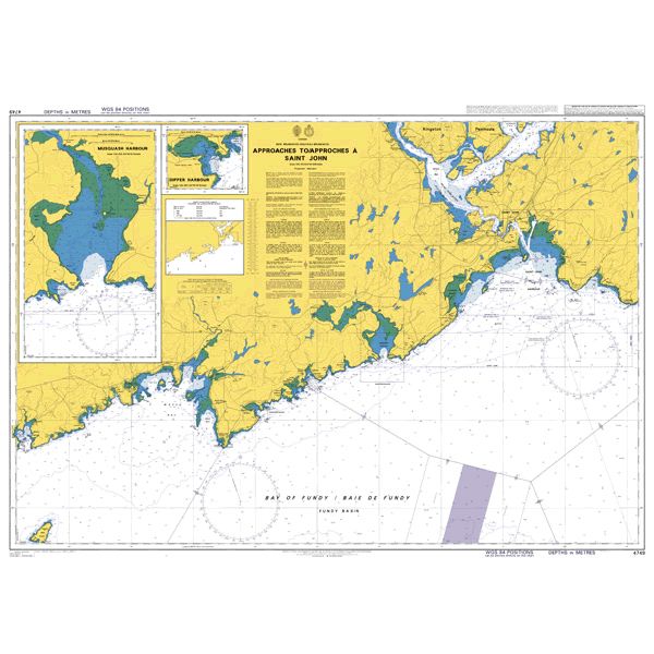 Product image of Admiralty Chart 4749 | Approaches to/Approches a Saint John, featuring navigational markings, depth soundings, and coastal features, essential for safe marine navigation. It could be displayed as an art piece or used for navigation on a boat or ship.