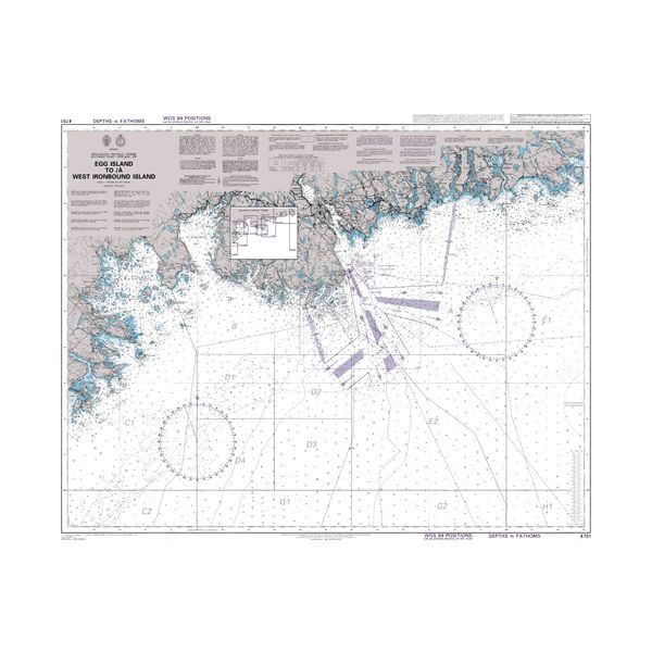 Product image of Admiralty Chart 4751 | Egg Island to/a West Ironbound Island, featuring navigational markings, depth soundings, and coastal features, essential for safe marine navigation. It could be displayed as an art piece or used for navigation on a boat or ship.