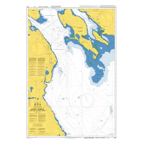 Product image of Admiralty Chart 4753 | Halifax Harbour Black Point To/A Point Pleasant, featuring navigational markings, depth soundings, and coastal features, essential for safe marine navigation. It could be displayed as an art piece or used for navigation on a boat or ship.