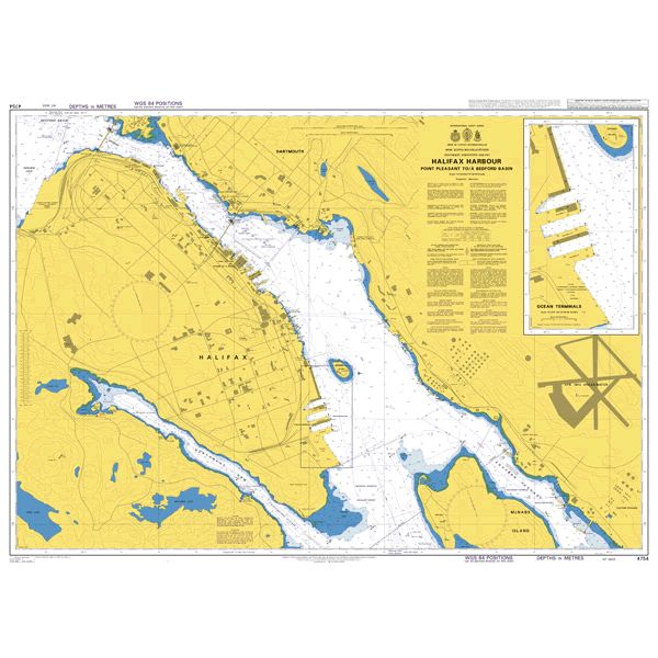 Product image of Admiralty Chart 4754 | Halifax Harbour Point Pleasant to/a Bedford Basin, featuring navigational markings, depth soundings, and coastal features, essential for safe marine navigation. It could be displayed as an art piece or used for navigation on a boat or ship.