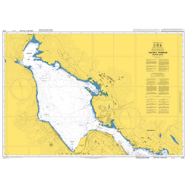 Product image of Admiralty Chart 4755 | Halifax Harbour Bedford Basin, featuring navigational markings, depth soundings, and coastal features, essential for safe marine navigation. It could be displayed as an art piece or used for navigation on a boat or ship.