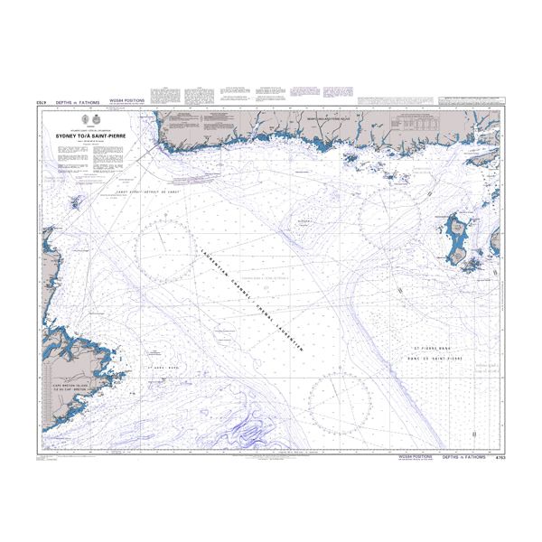 Product image of Admiralty Chart 4763 | Sydney to/a Saint-Pierre, featuring navigational markings, depth soundings, and coastal features, essential for safe marine navigation. It could be displayed as an art piece or used for navigation on a boat or ship.