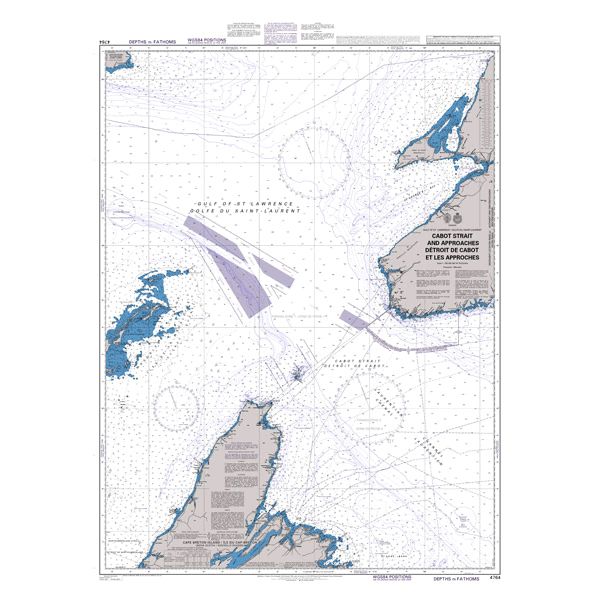 Product image of Admiralty Chart 4764 | Cabot Strait and Approaches Detroit de Cabot et Les Approches, featuring navigational markings, depth soundings, and coastal features, essential for safe marine navigation. It could be displayed as an art piece or used for navigation on a boat or ship.