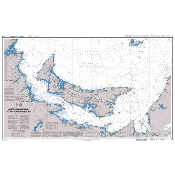 Product image of Admiralty Chart 4765 | Northumberland Strait/Detroit de Northumberland, featuring navigational markings, depth soundings, and coastal features, essential for safe marine navigation. It could be displayed as an art piece or used for navigation on a boat or ship.