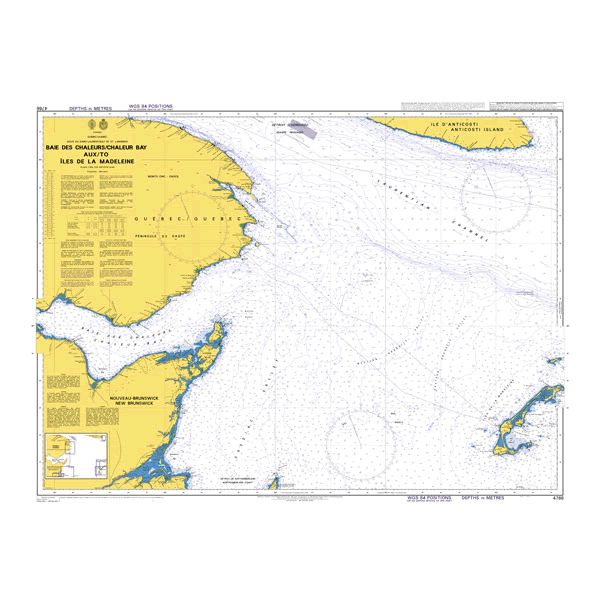 Product image of Admiralty Chart 4766 | Baie des Chaleurs/Chaleur Bay aux/to Iles de la Madeleine, featuring navigational markings, depth soundings, and coastal features, essential for safe marine navigation. It could be displayed as an art piece or used for navigation on a boat or ship.