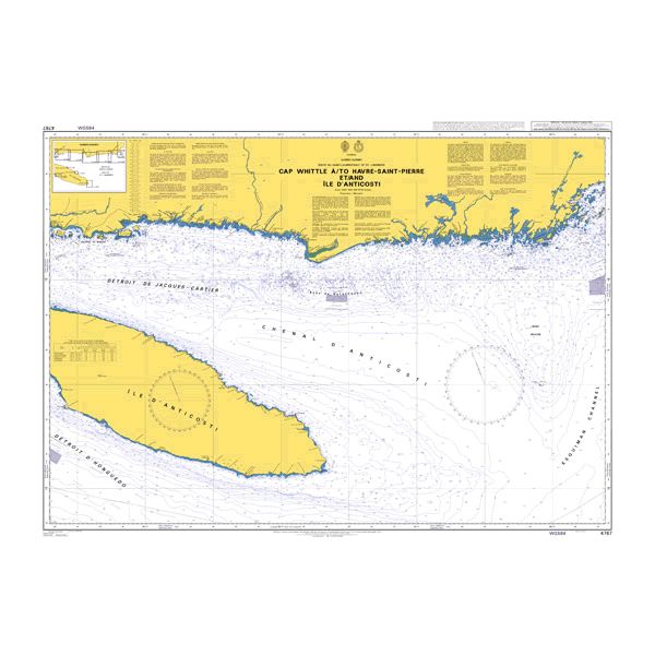 Product image of Admiralty Chart 4767 | Cap Whittle a/to Havre Saint-Pierre et/and Ile d'Anticosti, featuring navigational markings, depth soundings, and coastal features, essential for safe marine navigation. It could be displayed as an art piece or used for navigation on a boat or ship.