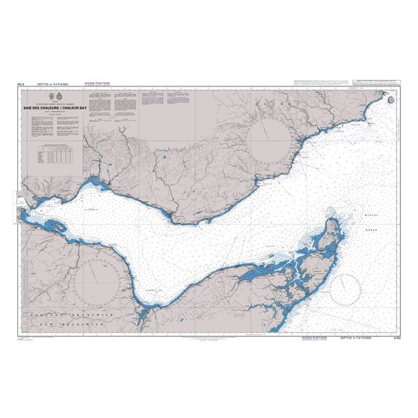 Product image of Admiralty Chart 4768 | Baie des Chaleurs/Chaleur Bay, featuring navigational markings, depth soundings, and coastal features, essential for safe marine navigation. It could be displayed as an art piece or used for navigation on a boat or ship.