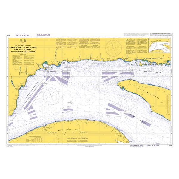 Product image of Admiralty Chart 4774 | Havre-Saint-Pierre et/and Cap des Rosiers a/to Pointe des Monts, featuring navigational markings, depth soundings, and coastal features, essential for safe marine navigation. It could be displayed as an art piece or used for navigation on a boat or ship.