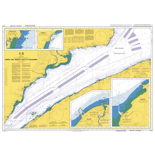 Product image of Admiralty Chart 4777 | Pointe des Monts aux/to Escoumins, featuring navigational markings, depth soundings, and coastal features, essential for safe marine navigation. It could be displayed as an art piece or used for navigation on a boat or ship.