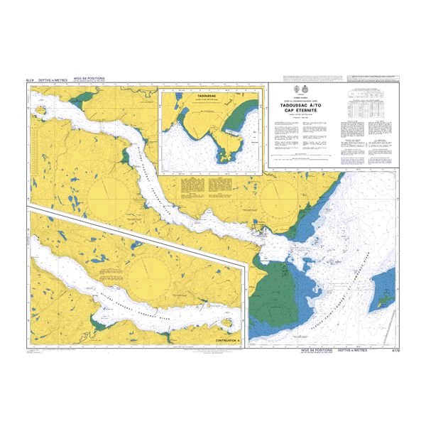 Product image of Admiralty Chart 4779 | Tadoussac a/to Cap Eternite, featuring navigational markings, depth soundings, and coastal features, essential for safe marine navigation. It could be displayed as an art piece or used for navigation on a boat or ship.