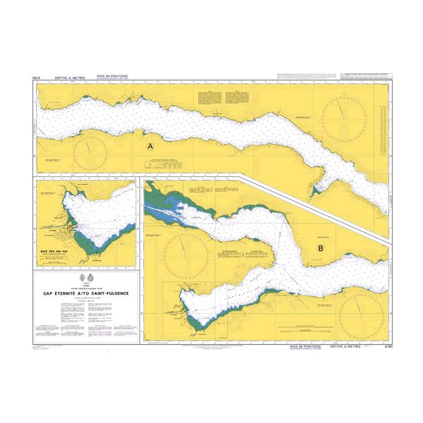 Product image of Admiralty Chart 4780 | Cap Eternite a/to Saint-Fulgence, featuring navigational markings, depth soundings, and coastal features, essential for safe marine navigation. It could be displayed as an art piece or used for navigation on a boat or ship.