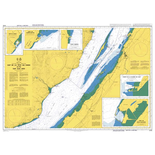 Product image of Admiralty Chart 4783 | Cap de la Tete au Chien au/to Cap aux Oies, featuring navigational markings, depth soundings, and coastal features, essential for safe marine navigation. It could be displayed as an art piece or used for navigation on a boat or ship.