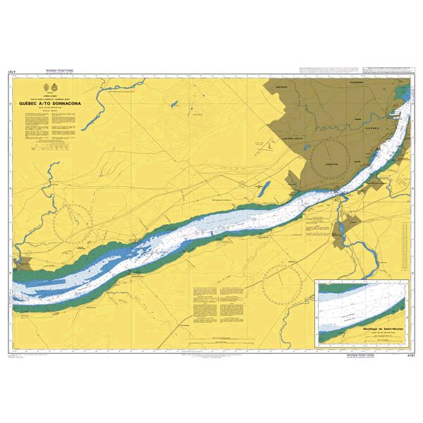 Product image of Admiralty Chart 4787 | Quebec a/to Donnacona, featuring navigational markings, depth soundings, and coastal features, essential for safe marine navigation. It could be displayed as an art piece or used for navigation on a boat or ship.