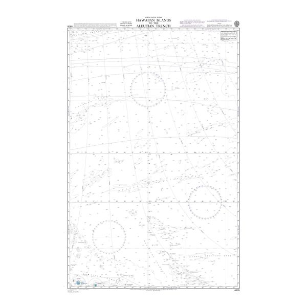 Product image of Admiralty Chart 4805 | Hawaiian Islands to the Aleutian Trench, featuring navigational markings, depth soundings, and coastal features, essential for safe marine navigation. It could be displayed as an art piece or used for navigation on a boat or ship.