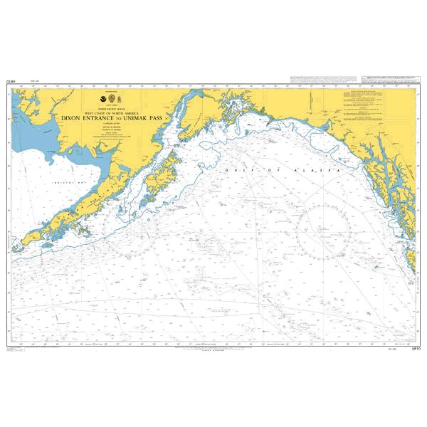 Product image of Admiralty Chart 4810 | Dixon Entrance to Unimak Pass, featuring navigational markings, depth soundings, and coastal features, essential for safe marine navigation. It could be displayed as an art piece or used for navigation on a boat or ship.