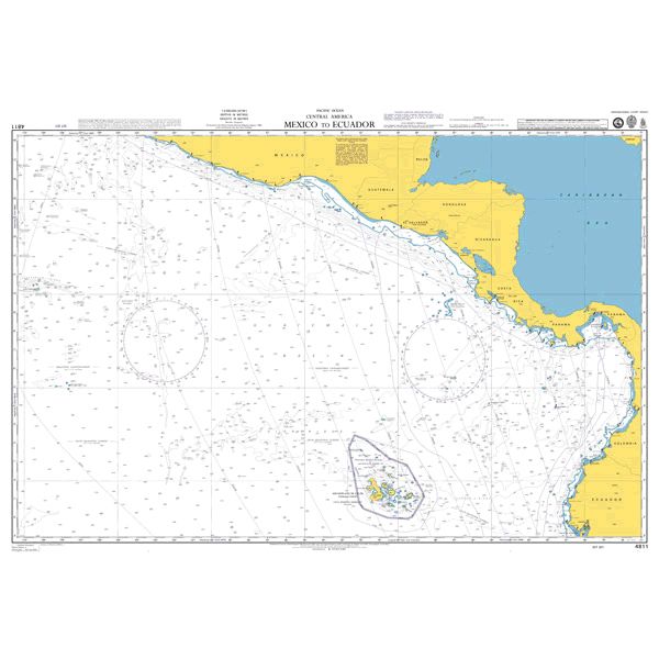 Product image of Admiralty Chart 4811 | Mexico to Ecuador, featuring navigational markings, depth soundings, and coastal features, essential for safe marine navigation. It could be displayed as an art piece or used for navigation on a boat or ship.