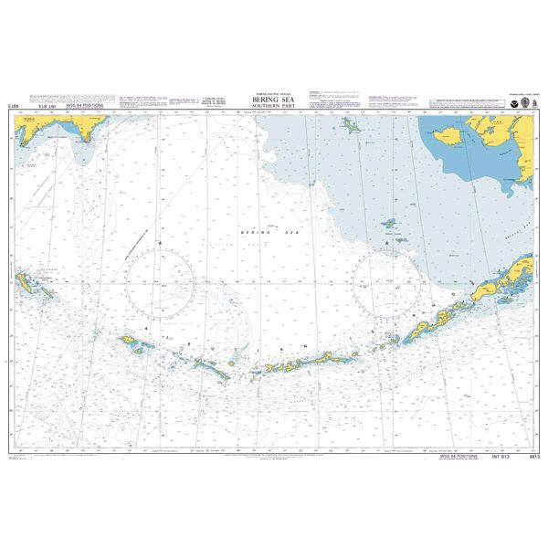 Product image of Admiralty Chart 4813 | Bering Sea Southern Part, featuring navigational markings, depth soundings, and coastal features, essential for safe marine navigation. It could be displayed as an art piece or used for navigation on a boat or ship.