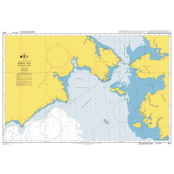 Product image of Admiralty Chart 4814 | Bering Sea Northern Part, featuring navigational markings, depth soundings, and coastal features, essential for safe marine navigation. It could be displayed as an art piece or used for navigation on a boat or ship.