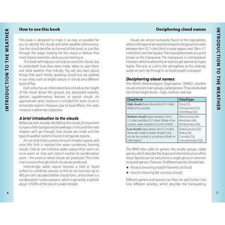 A two-page spread in the "Reeds Cloud Handbook" by Reeds features an introduction for outdoor enthusiasts on using the book, with the left page covering cloud identification and the right page exploring cloud layers, types, and classifications for precise weather prediction.